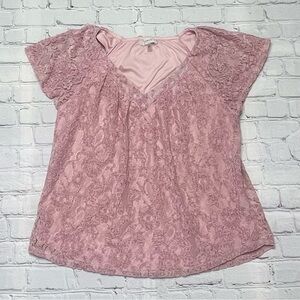 Cupio Pink Lace Short Sleeve V-Neck Blouse – Size XS – Romantic & Feminine